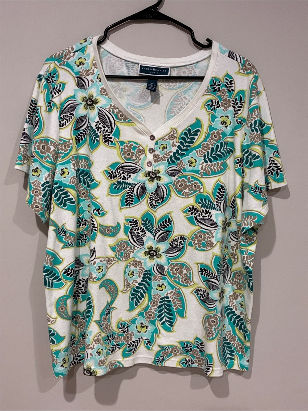 Karen Scott Teal Floral Short-Sleeve V-Neck Top 3X